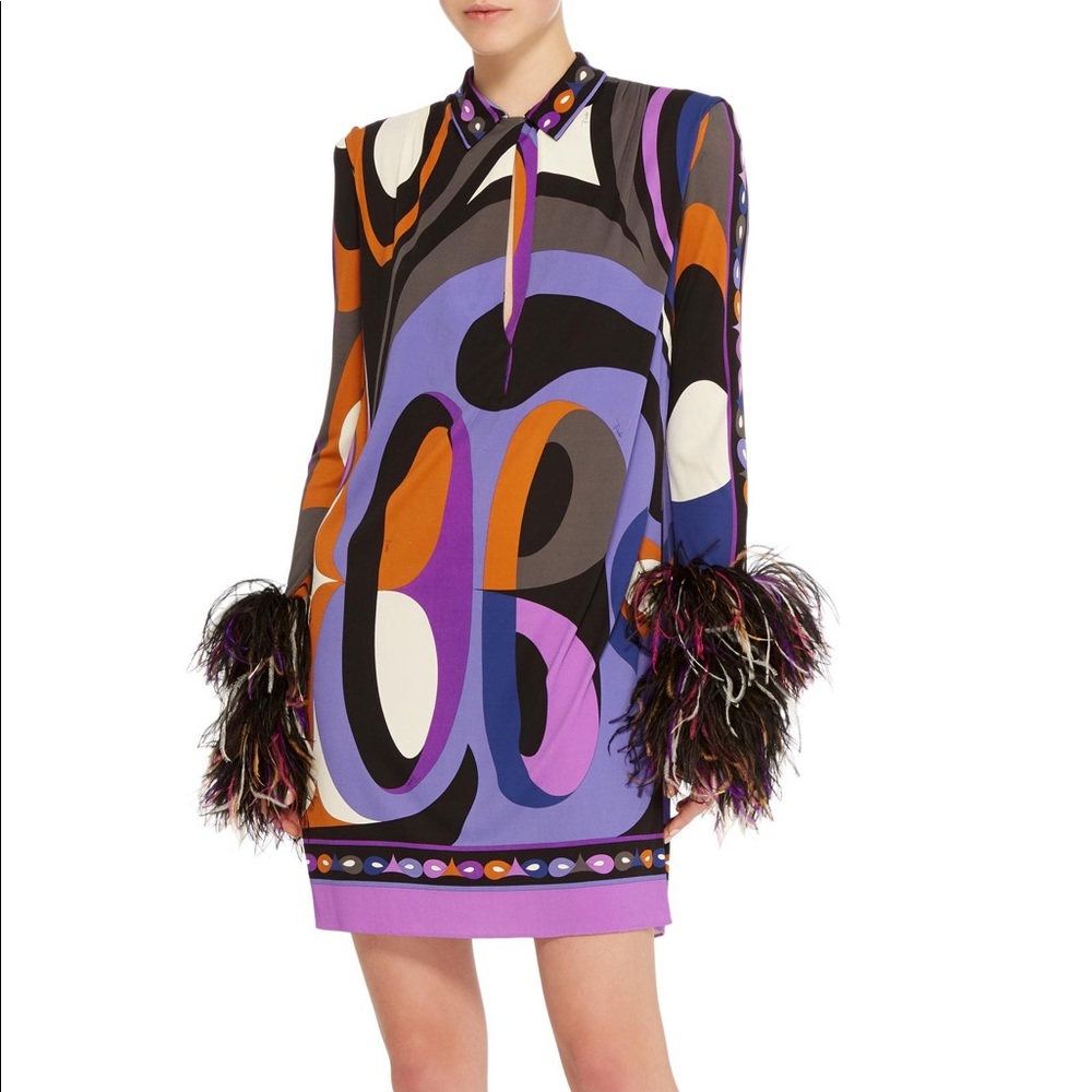 Emilio Pucci retro-style dress with feathered wrists.